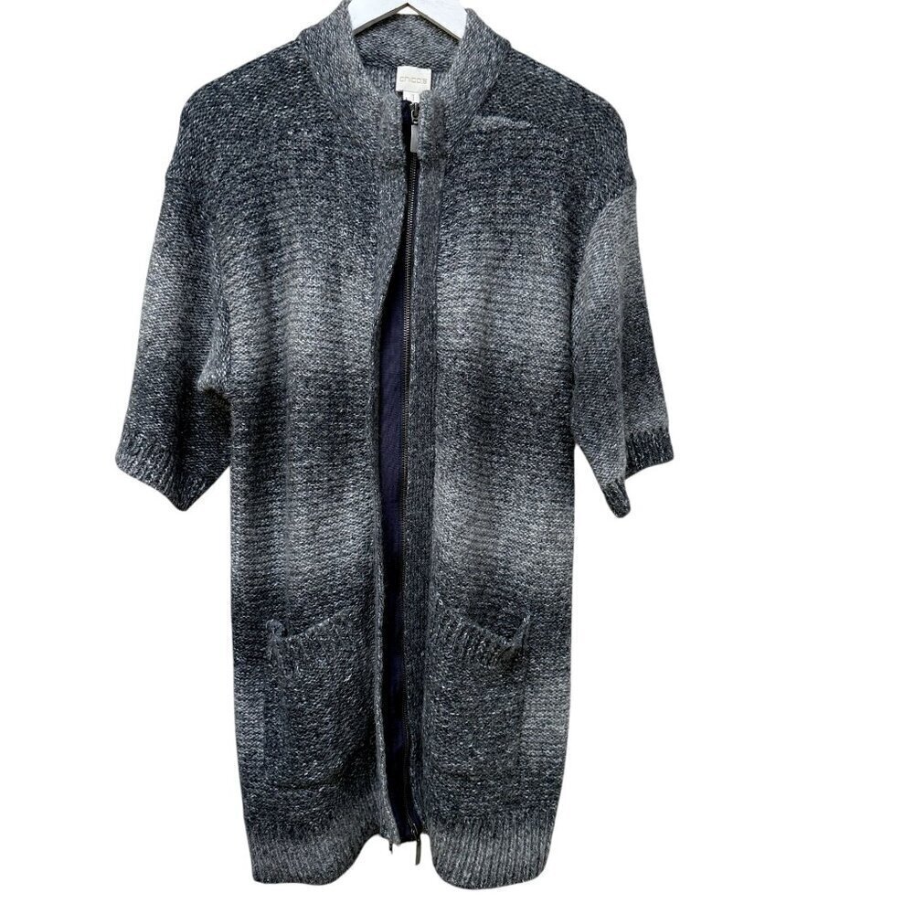 Chico's Zip Front Cardigan Medium (Chicos 1) Long Sweater Blue Wool Blend